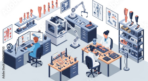 Prosthetic limb design and manufacturing lab with advanced technology.