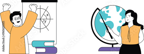 Celebrating math success and a teacher explaining geography with enthusiasm and a globe