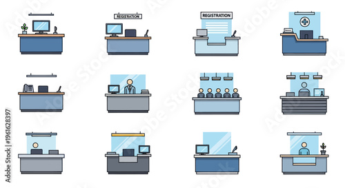 Set of various reception desks with screens, computers, and staff, flat design