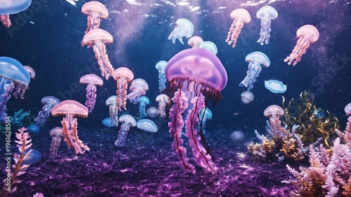 Luminous underwater realm teeming with translucent jellyfish drifting above colorful coral gardens