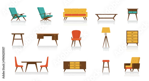 Retro Furniture Collection: Mid-Century Modern Chairs, Sofa, Desk & Table Icons