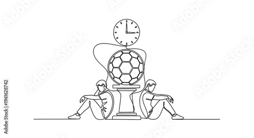 Soccer Game Time Concept: Players Waiting Beside Trophy and Clock