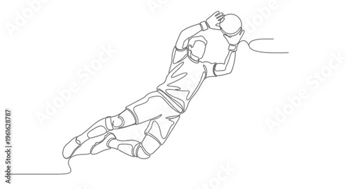 Continuous line drawing of a soccer goalkeeper catching the ball, dynamic pose