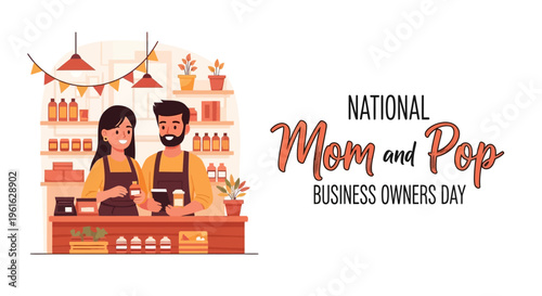 Illustration of a mom and pop business owner couple behind a counter on National Mom and Pop Business Owners Day with a festive background