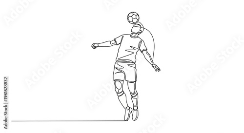 Soccer Player Heading Ball, Continuous Line Drawing, Sport Action