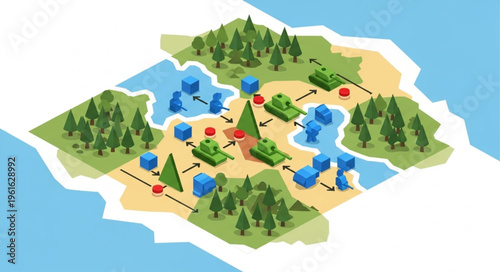 Strategic Game Map Illustration with Tank Units and Resource Points.