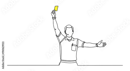 Soccer referee showing yellow card, single line drawing, sports illustration