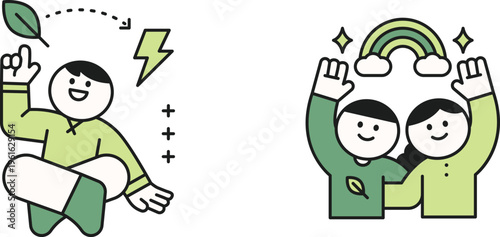 A cheerful individual shares positivity and inspiration with two uplifted children under a rainbow and stars