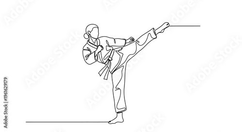 Martial arts woman performing high kick, single line drawing, action pose