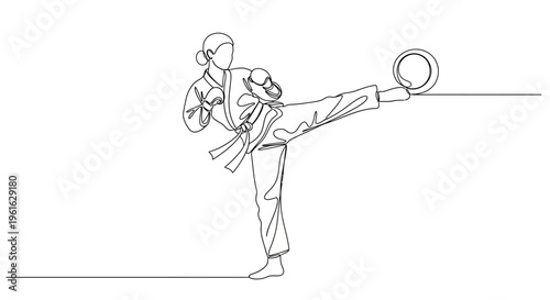 Martial Arts Woman Kickboxing, Continuous Line Drawing, Karate Action