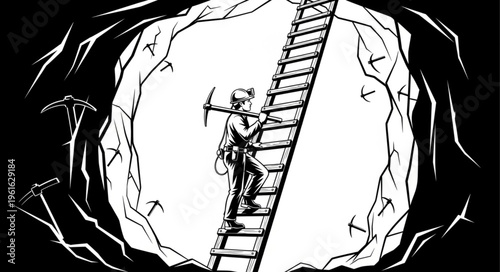 Miner Ascending Ladder in Mine Shaft Illustration.