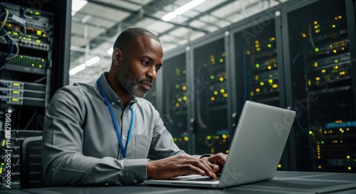 Focused African American scientist meticulously analyzes disaster recovery plans in a modern data center using a laptop, simulating failover scenarios