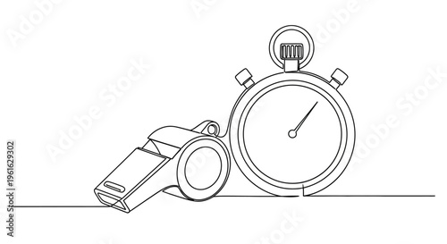 Sports whistle and stopwatch, continuous line drawing, concept of time and coaching
