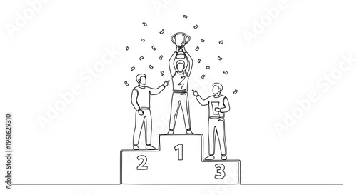 Winner on Podium with Trophy and Confetti, Celebration of Success