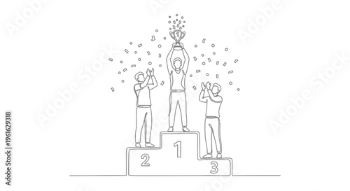 Winner Holding Trophy on Podium with Confetti, First Place Victory Celebration