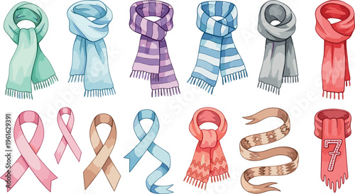Winter Scarf and Awareness Ribbon Icon Set with Colorful Warm Clothing Accessories and Support Symbol Collection for Health Campaign Fashion Design and Seasonal Vector Illustration