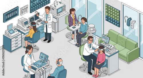 Busy ophthalmology clinic with doctors examining patients and advanced equipment.