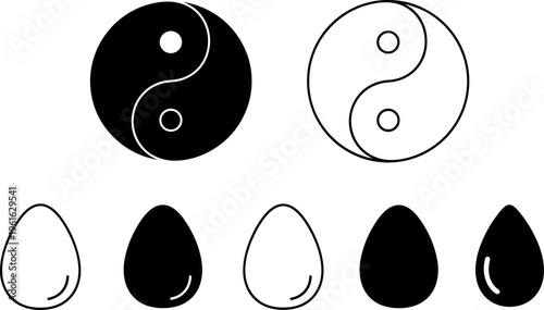 Yin Yang Balance Symbol and Egg Icon Set with Outline and Solid Minimal Shapes for Harmony Philosophy Duality Concept and Abstract Vector Illustration Collection