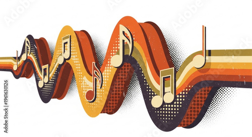 Vibrant orange and yellow musical waveform with notes on white background for music concepts