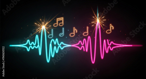 Vibrant sound wave with musical notes and sparks on black background symbolizing music energy and rhythm