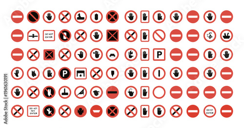 Comprehensive collection of road signs, traffic symbols, and prohibition signs for various regulations.