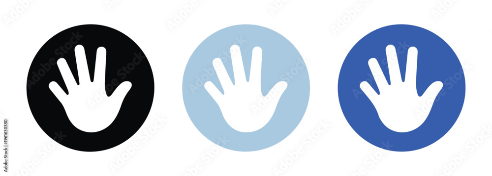 Fototapeta premium Open palm hand icons in black light blue and dark blue circles.