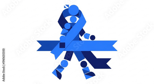 Blue ribbon symbol with human figure and banner on white background for awareness campaigns and social causes