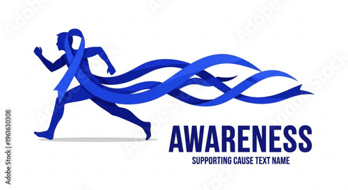 Blue silhouette of a woman running with flowing awareness ribbon on white background for health and charity campaigns