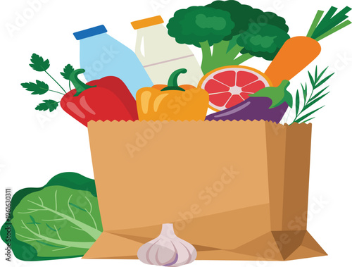 Grocery paper bag vector illustration with fresh vegetables, fruit, milk, and healthy food, for shopping