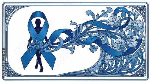 Blue ribbon awareness symbol with floral design and silhouette on white background for social causes