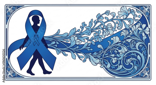 Blue awareness ribbon with floral design element on white background for support and advocacy campaigns