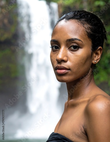 A woman with dark skin poses in front of a cascading waterfall, nature backdrop