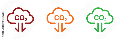 Trendy CO2 reduction flat vector icons set, collection of eco-friendly symbols representing carbon footprint reduction, clean energy, sustainability, and environmental protection