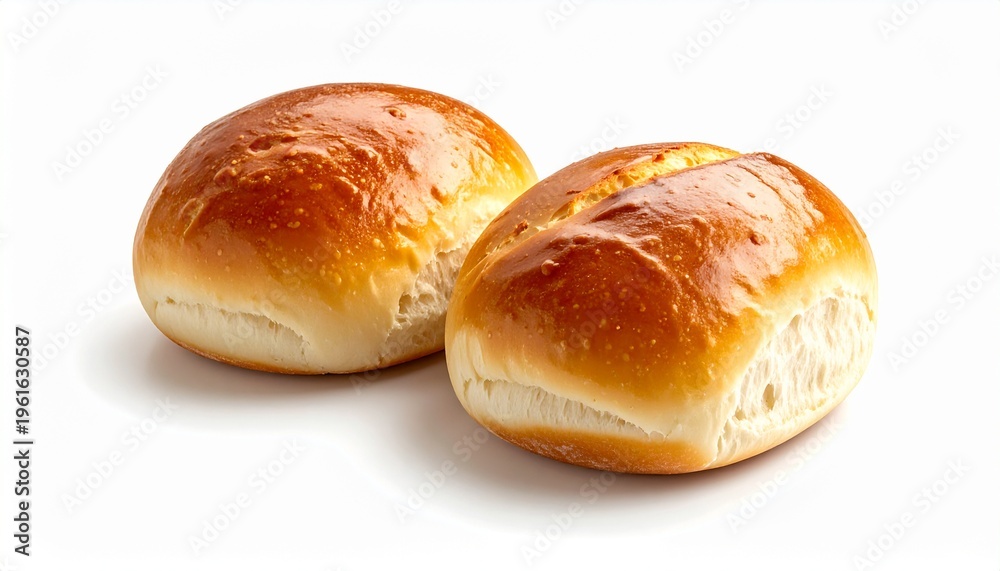 Fototapeta premium Two golden brown dinner rolls on a white background.