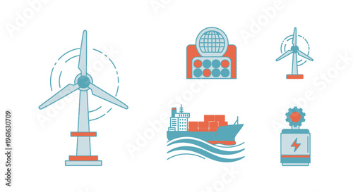 Renewable Energy and Global Trade Icons: Wind Turbines, Cargo Ship, Battery