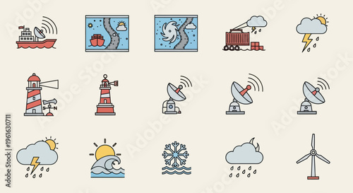 Weather Icons: Storms, Lighthouse, Radar, Wind Turbine, Ship, Sun, Rain