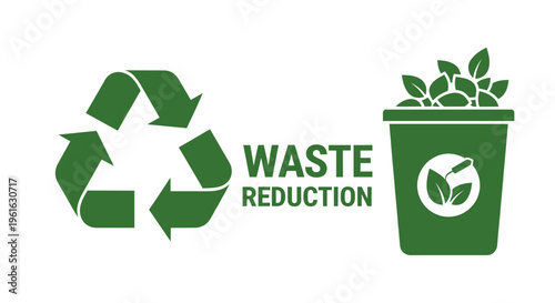 Recycle Symbol and Waste Reduction Bin with Green Leaves Icon