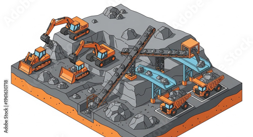 Isometric View of Mining Operation with Heavy Machinery and Conveyor Belt.
