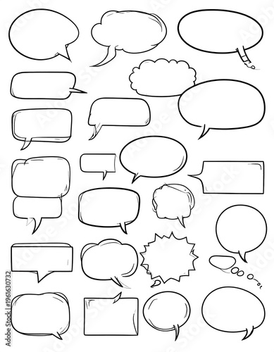 Black and white illustrations of various blank speech bubbles of different shapes and sizes