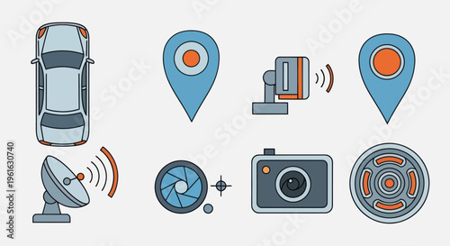 Automotive Technology Icons: Car, GPS, Camera, Radar, Satellite Dish, Lens