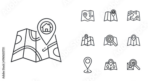 Location Pin with House Icon on Folded Map and Navigation Icons Set