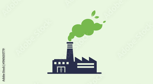 Green factory chimney emitting clean energy smoke with leaves, symbolizing eco-friendly industry.