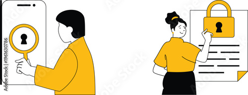 Two people demonstrating different methods of security and access control through digital and physical locks