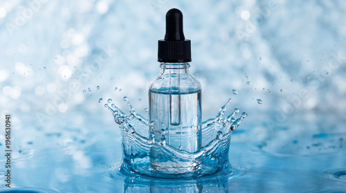 Clear glass bottle with water droplets liquid splash blue background