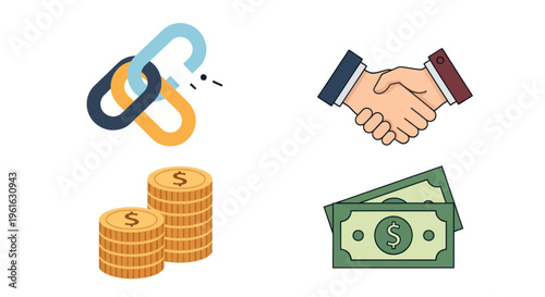 Business Partnership Icons: Links, Handshake, Coins, Money