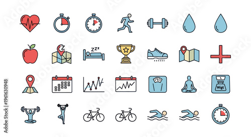 Healthy Lifestyle Icons: Fitness, Diet, Sleep, Sports, Health and Wellness - Vector Set