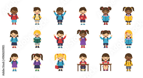 Diverse Group of Cheerful Children Characters with Backpacks and Books