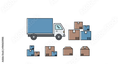 Delivery Truck and Shipping Boxes Icons Set - Logistics and E-commerce Transportation