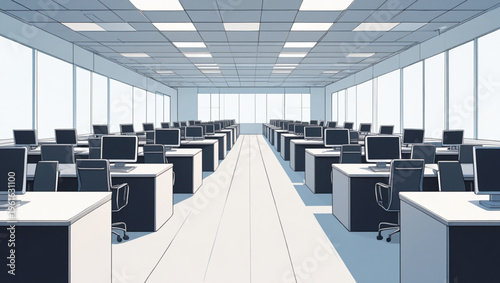A large office space with rows of desks and computers