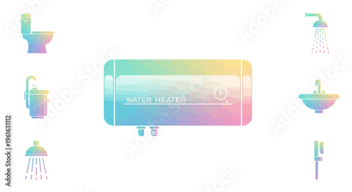 Bathroom Fixtures Collection: Water Heater, Toilet, Sink, Shower, Faucet Icons